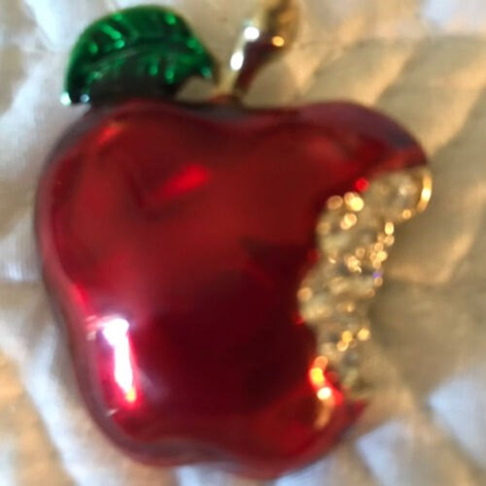 Bright Red Apple Pin 1 1/2” X 1 1/2” White Crystals Bite